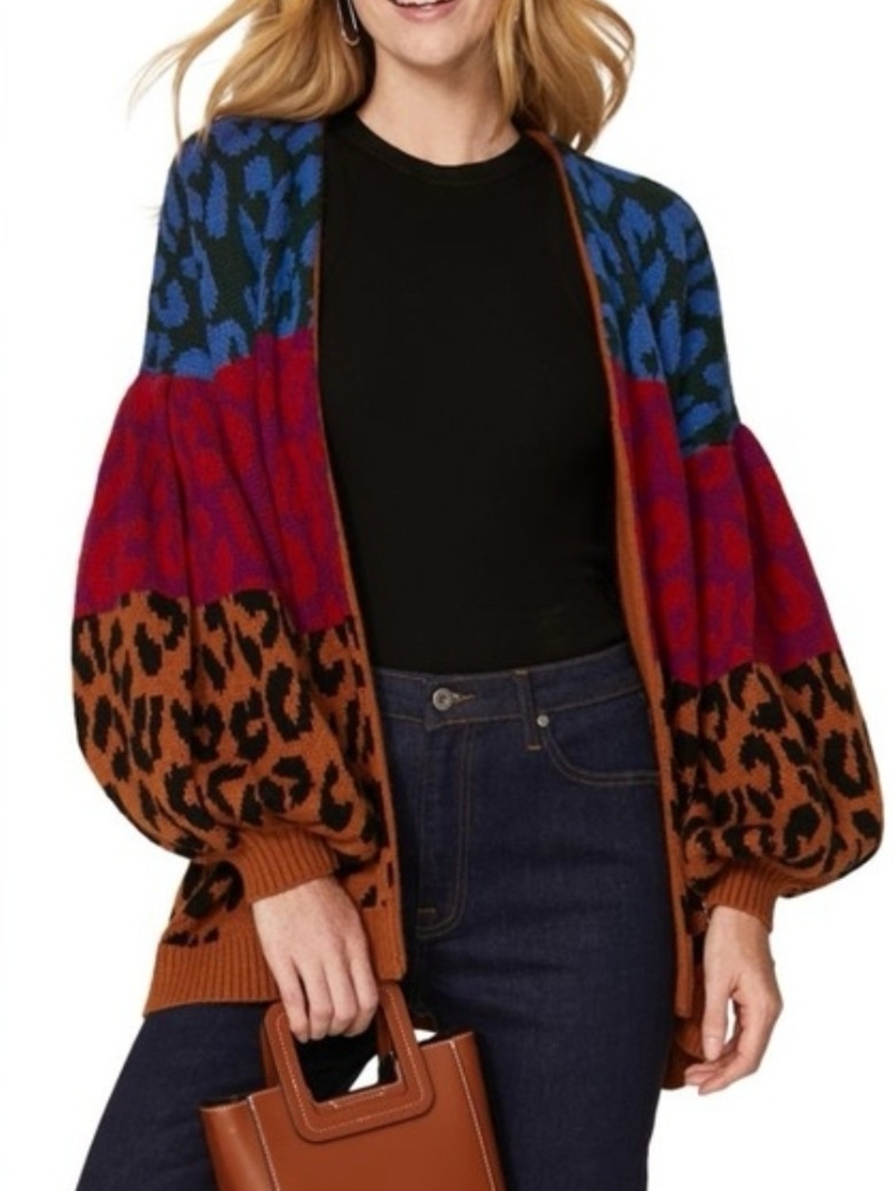 FARM Rio Blue, Red & Brown Colorblock Leopard Puff-Sleeve Cardigan